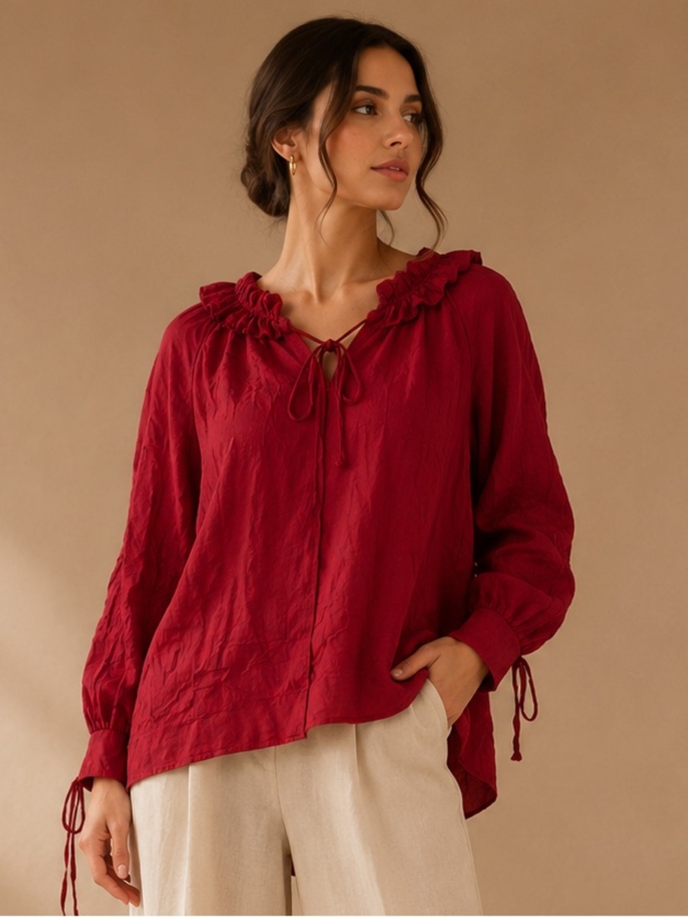 Sofia Made in Italy Red Silk Ruffle Blouse Romantic Designer Top Medium